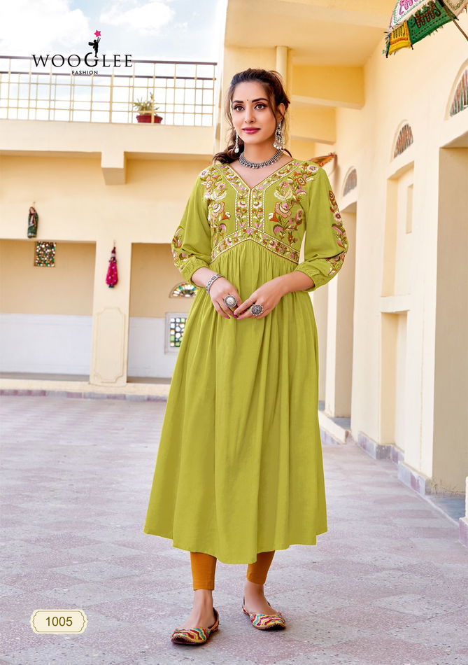 Vedam By Wooglee Rayon Designer Embroidery Kurti Wholesale Market In Surat
